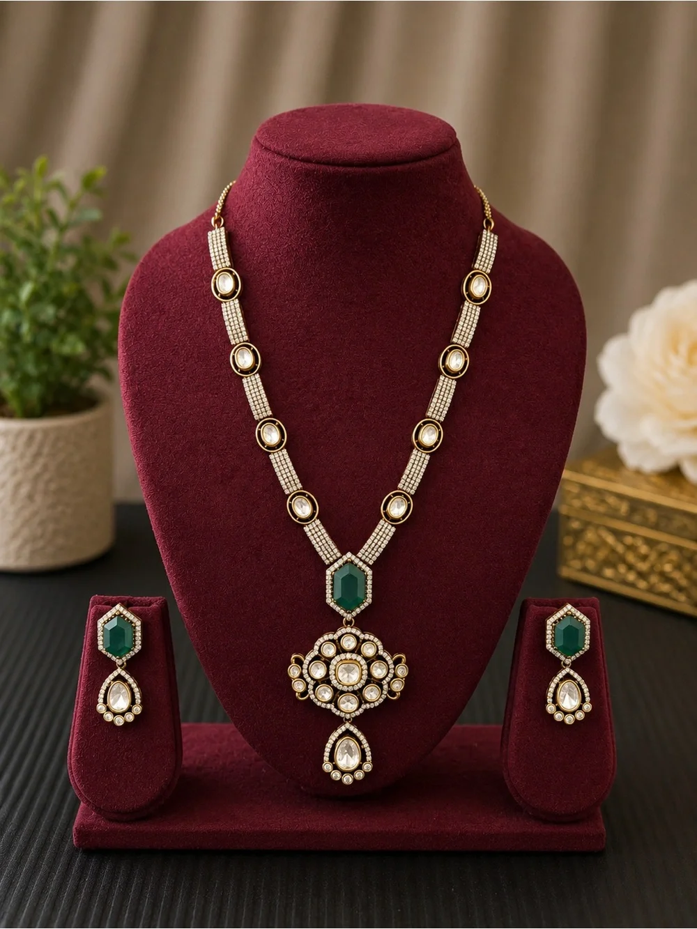 Emerald Green and Gold Statement Necklace Set - Women Jewelry